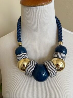 Chunky vintage Navy and Gold Statement Necklace with Striped Accents